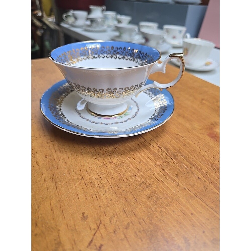 Elizabethan Tea Cup Saucer Set Blue Gold Accents Vintage Fine Bone China